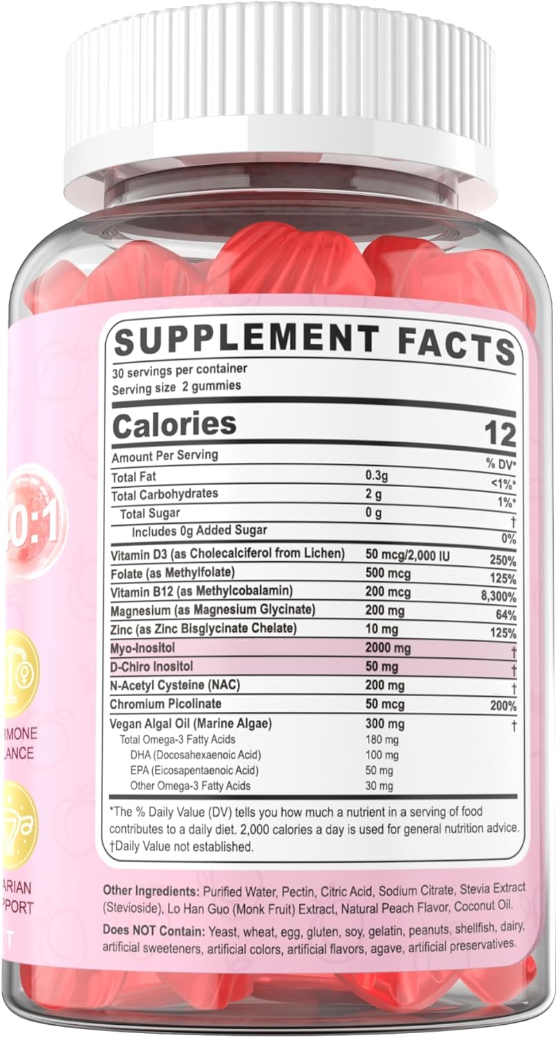 Myo-Inositol & D-Chiro Inositol Gummies 2000mg + 50mg, Ratio 40:1, con Omega-3 Vegano, D3, Magnesio Glicinato, Metilfolato + B12, Sin Azúcar, 120 uds
