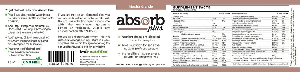 Absorb Plus Isolate Protein - Suplemento Dietético para la Salud Digestiva, Apoyo Nutricional Extra, No-GMO, Sin Gluten, Sin Lactosa, Sin Caseína (100 g, Mocha Grande)