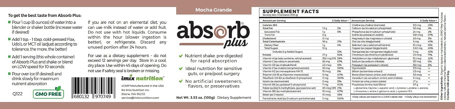 Absorb Plus Isolate Protein - Suplemento Dietético para la Salud Digestiva, Apoyo Nutricional Extra, No-GMO, Sin Gluten, Sin Lactosa, Sin Caseína (100 g, Mocha Grande)