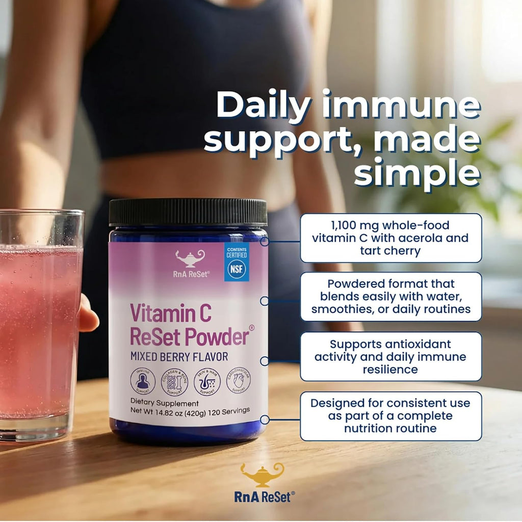 RnA ReSet Vitamin C Reset – Vitamina C en Polvo Sabor Berry con Potasio y Mezcla de Frutas, NSF Certificado, 14.81 Oz (120 Servicios)