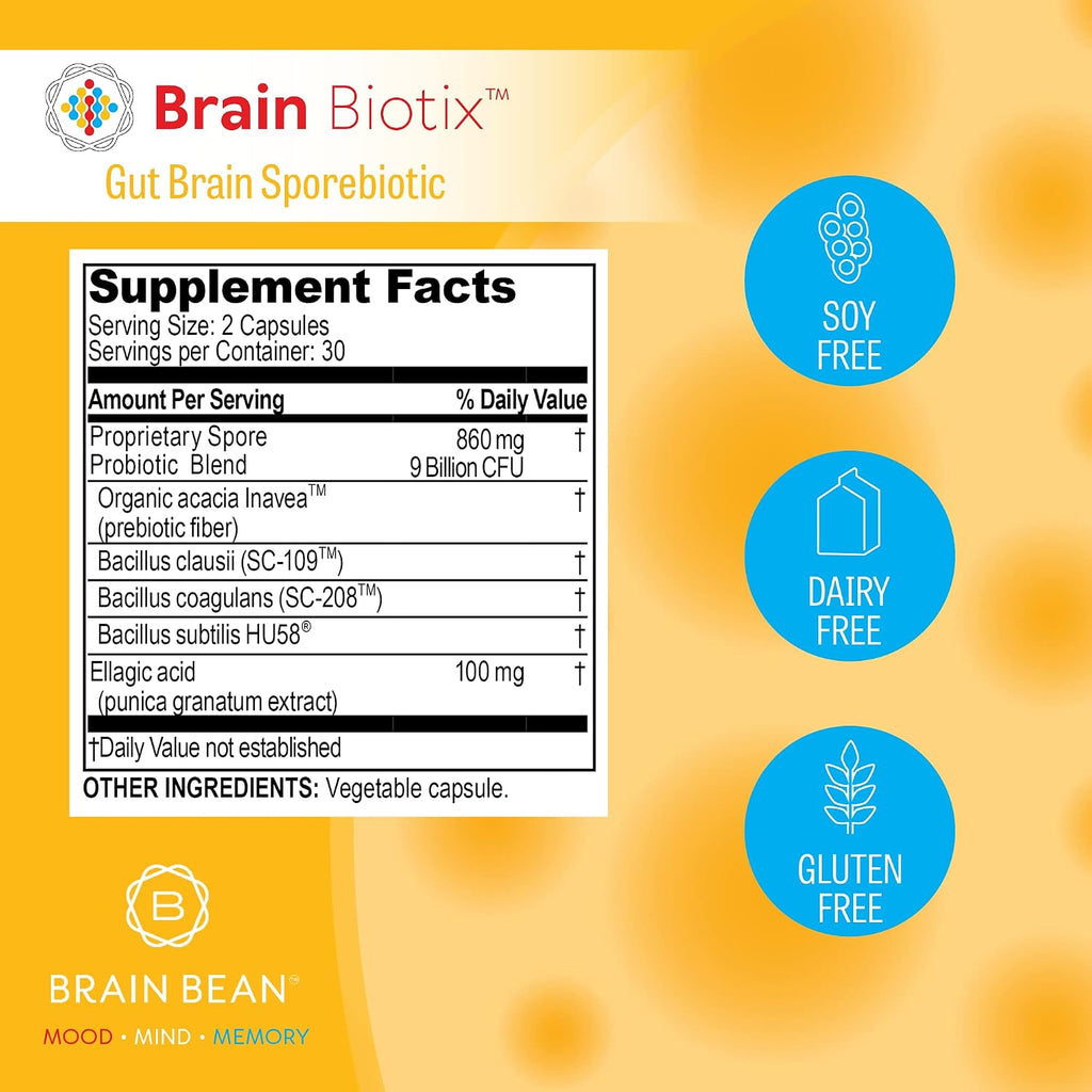Brain Bean Brain Biotix | Probiótico y Prebiótico de Esporas para Intestino y Cerebro | 30 Dosis