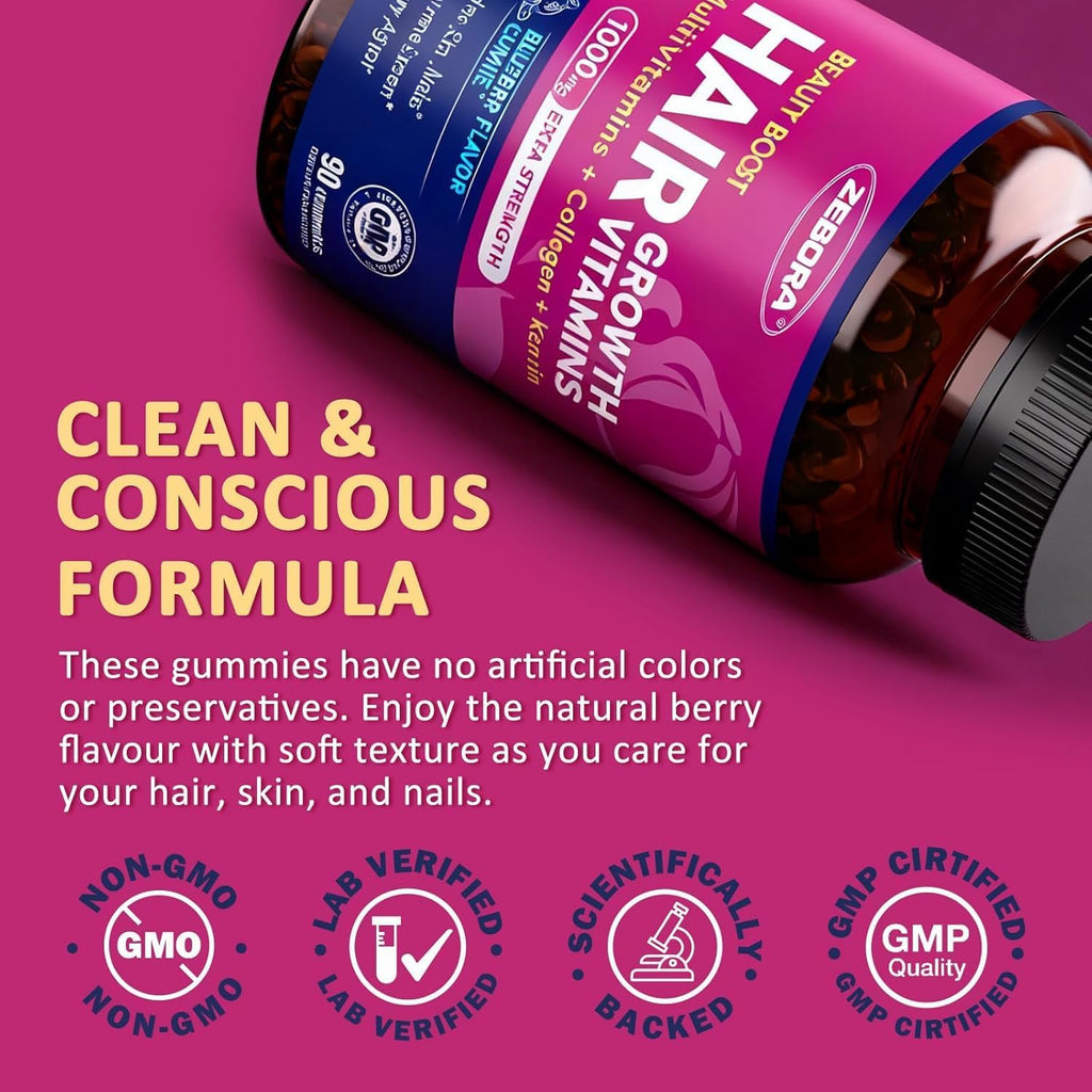 ZEBORA Biotin Gummies con Ácido Hialurónico, Queratina y Colágeno – Vitaminas para Cabello, Piel y Uñas – 90 Gominolas