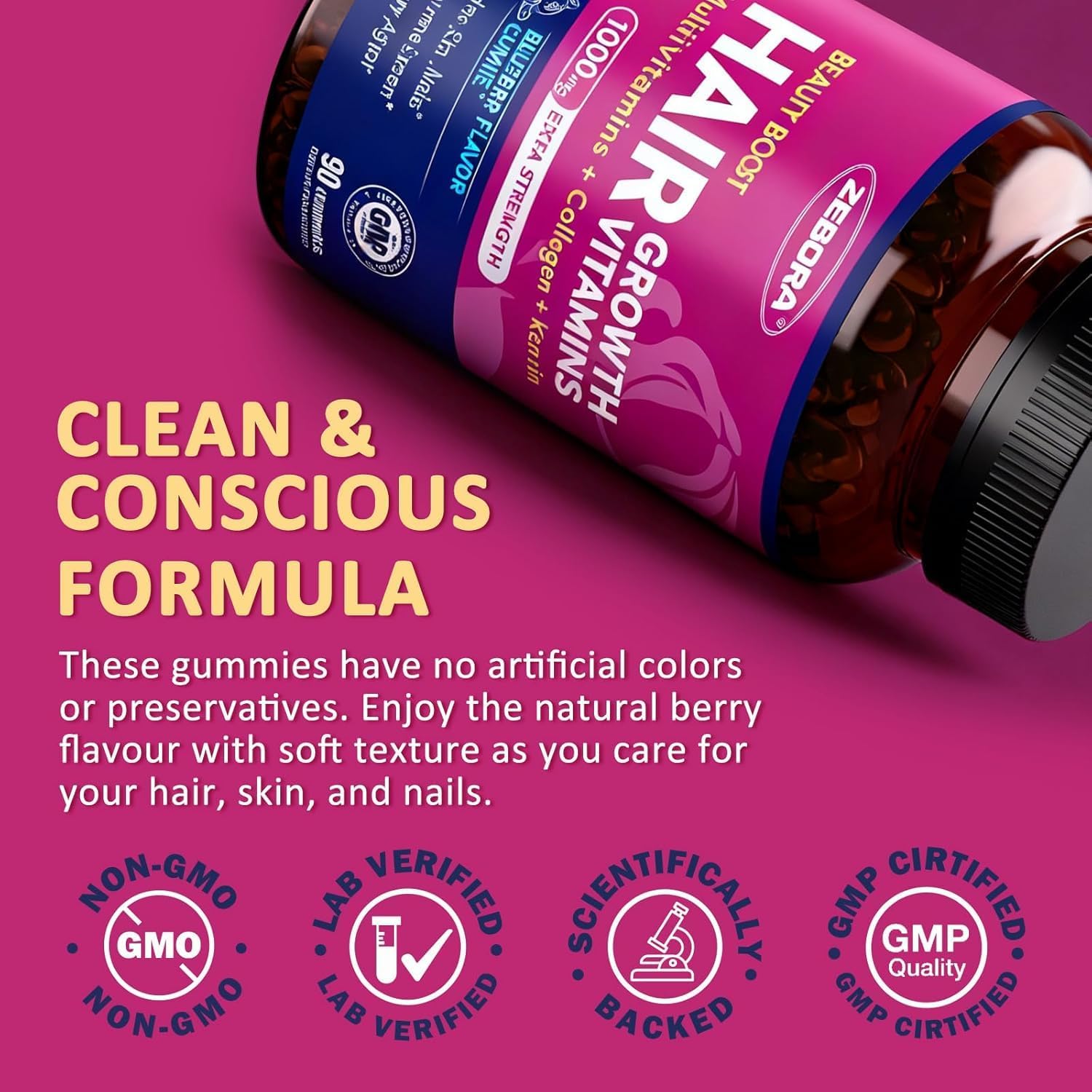ZEBORA Biotin Gummies con Ácido Hialurónico, Queratina y Colágeno – Vitaminas para Cabello, Piel y Uñas – 90 Gominolas
