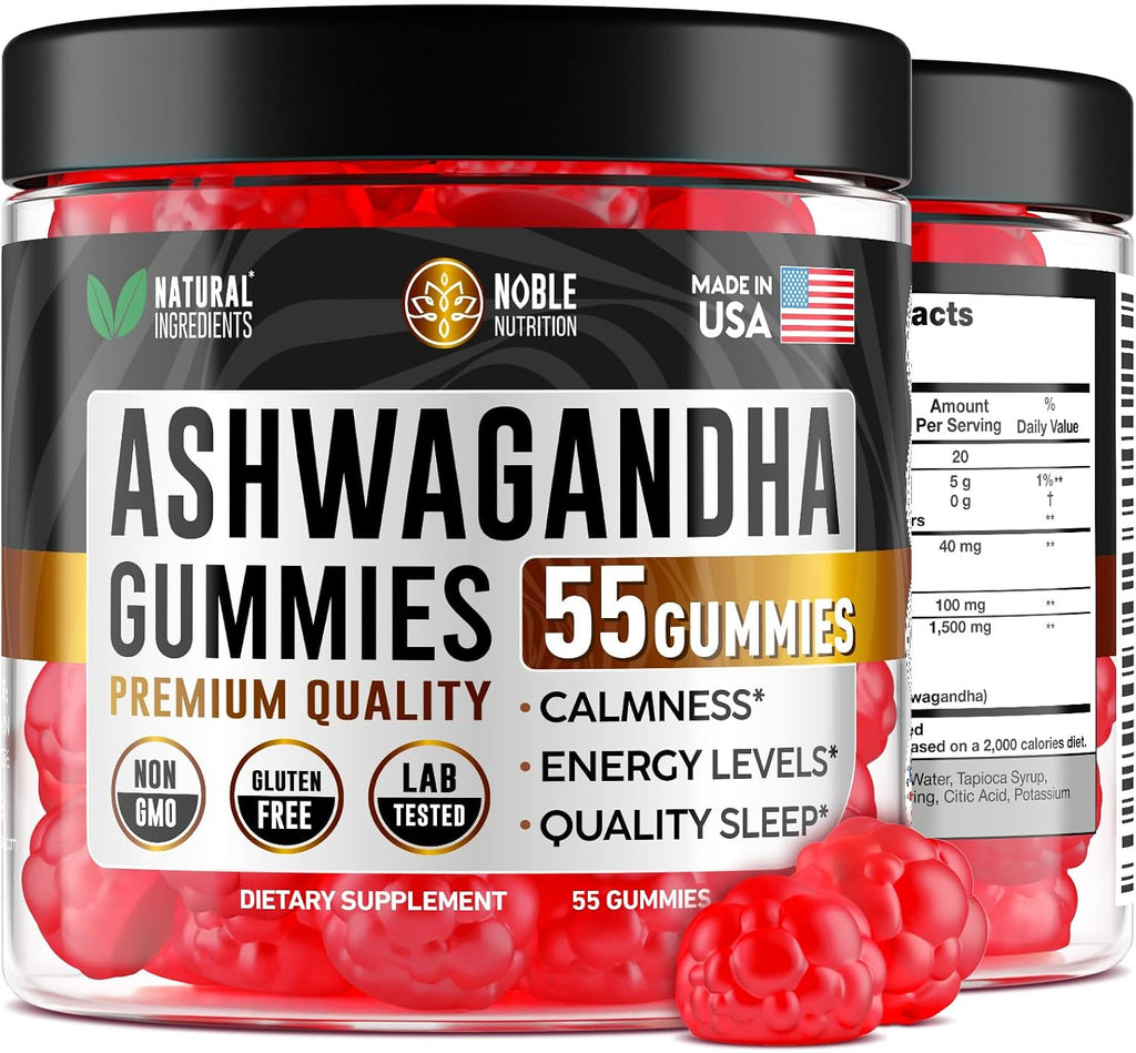 Gomitas de Ashwagandha para Mujeres y Hombres - Extracto Puro de Raíz de Ashwagandha 1500 mg con 5-HTP y L-Tirosina - Fabricado en USA - 55 Gomitas