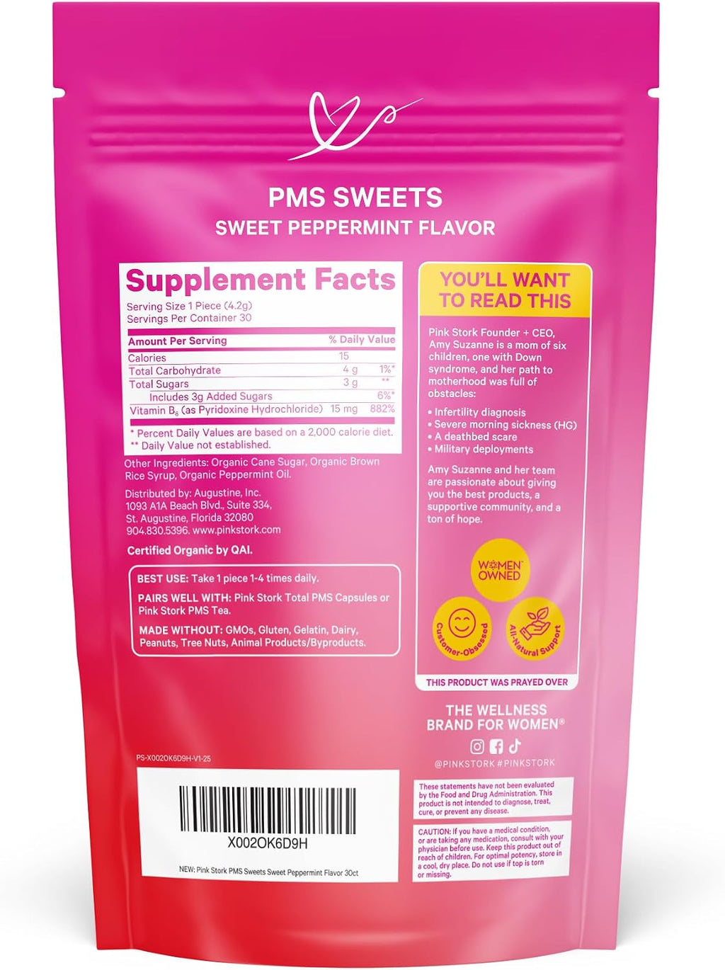 Pink Stork Organic PMS Support Sweets - Caramelos Orgánicos con Vitamina B6 y Menta Piperita para el Síndrome Premenstrual - 30 Unidades