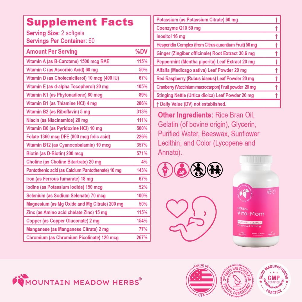 Mountain Meadow Herbal Vita-MOM Vitaminas Prenatales - Suplemento con 5-MTHF Folato, Hierro, Multivitaminas y Hierbas Orgánicas - 120 Cápsulas Blandas (2 Meses)