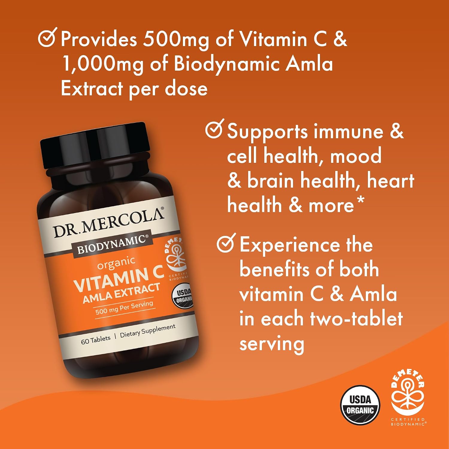 Dr. Mercola Vitamina C Orgánica Biodinámica con Amla, 500 mg, 60 Comprimidos