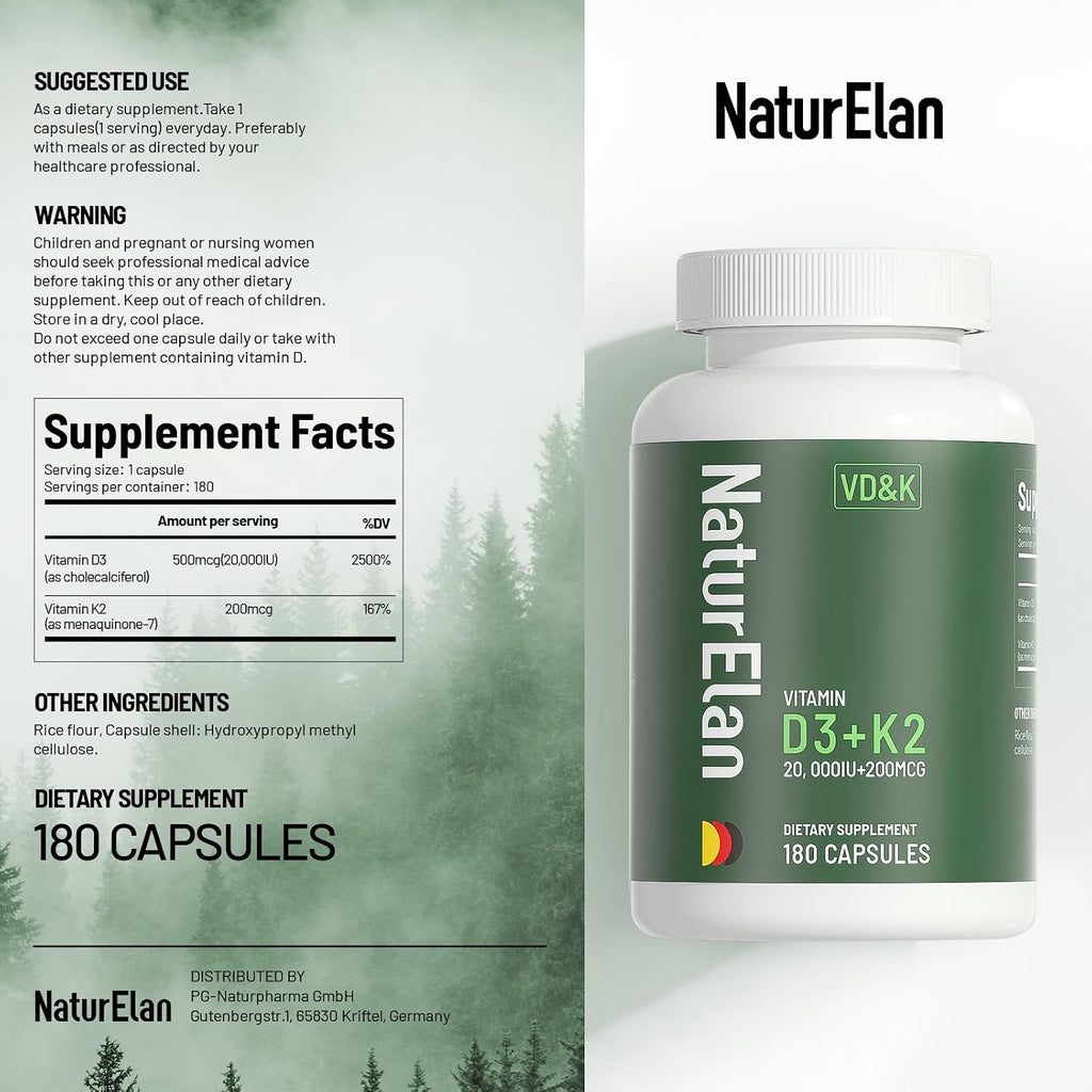 NaturElan Vitamina D3 K2 - 20.000 UI D3 + 200 mcg K2 (MK-7), 180 Cápsulas, Vegano, Sin Gluten