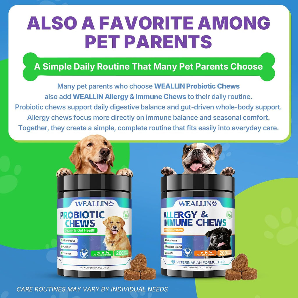 Probióticos para Perros WEALLIN - 200 Masticables para Salud Digestiva y Piel