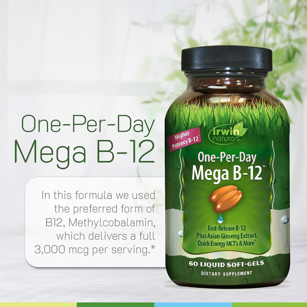 Irwin Naturals One-Per-Day Mega B-12 1.500mcg Metilcobalamina - Alta Potencia con MCT y Ginseng Asiático - 60 Cápsulas Blandas Líquidas (Pack de 2)