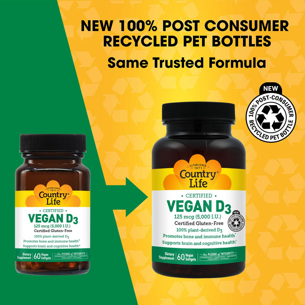 Country Life Vegan D3 5000 UI – Vitamina D3 Vegana de Liquen – 60 Cápsulas Blandas