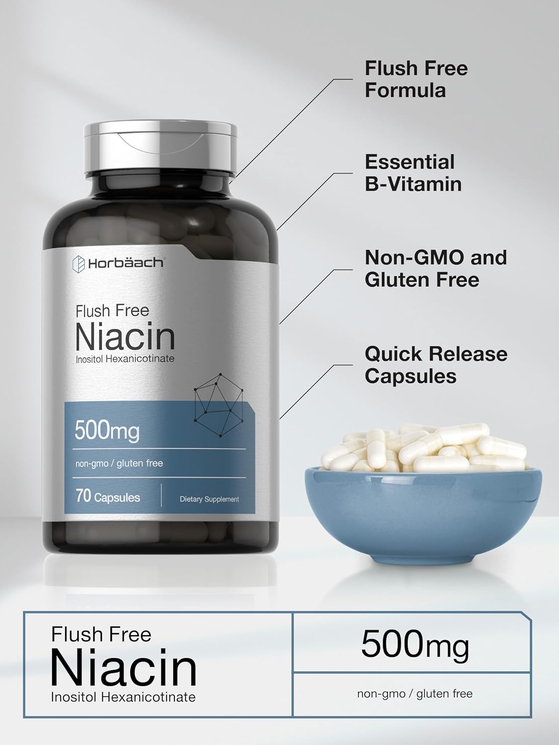 Horbaach Niacina 500mg Sin Enrojecimiento | 70 Cápsulas | Vitamina B3 Inositol Hexanicotinato | Sin OMG y Sin Gluten
