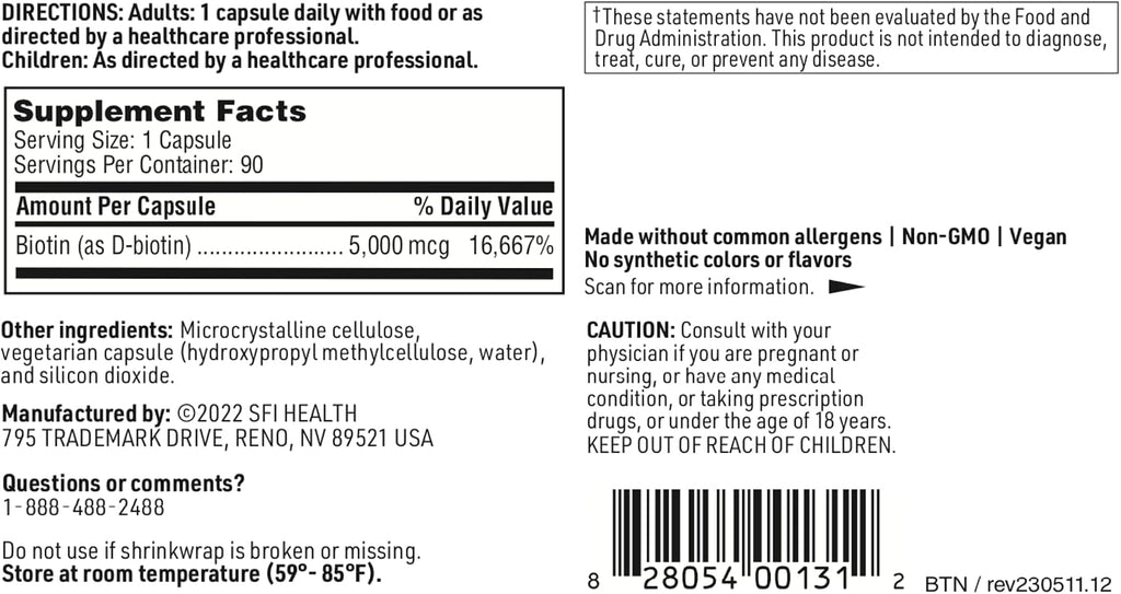 Klaire Labs Biotina 5000 mcg – 90 Cápsulas Hipoalergénicas