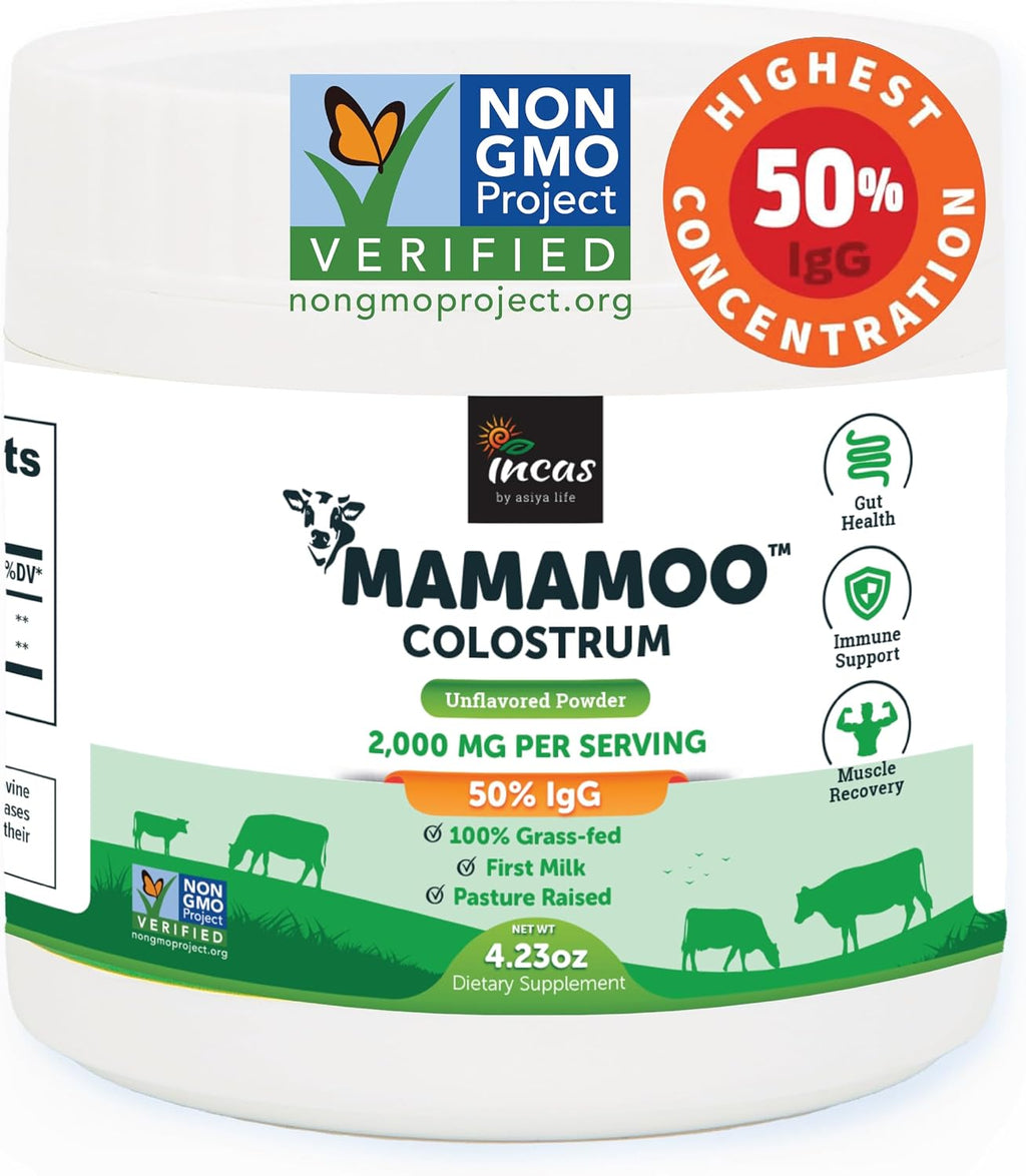 MamaMoo™ Colostro Bovino en Polvo >50% IgG, de Pasto, Verificado Non-GMO, 400+ Nutrientes, 60 Dosis (Sin Sabor)