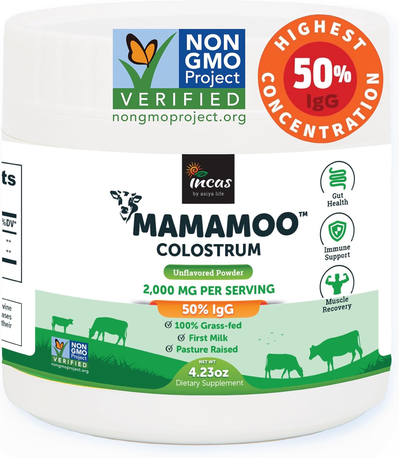 MamaMoo™ Colostro Bovino en Polvo >50% IgG, de Pasto, Verificado Non-GMO, 400+ Nutrientes, 60 Dosis (Sin Sabor)