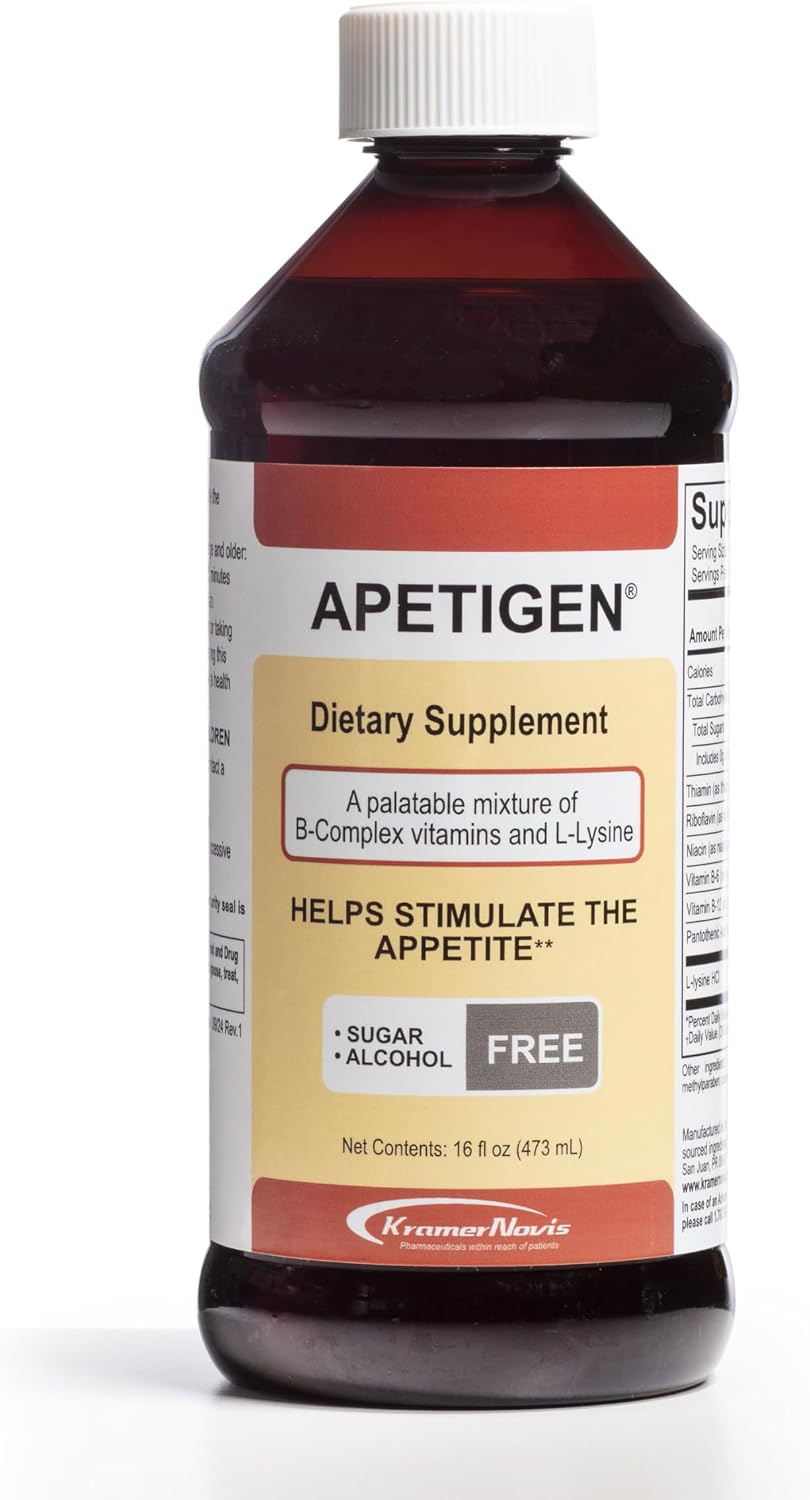 Apetigen Estimulante del Apetito para Niños y Adultos – Complejo B con L-Lisina Líquido – Sin Azúcar – Sabor Caramelo – 473 ml