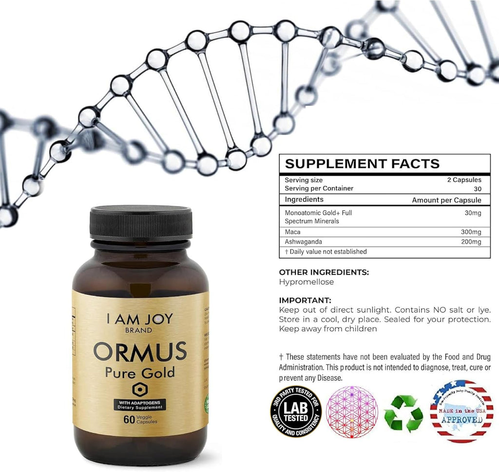 I Am Joy co. Ormus Gold Cápsulas - Elementos Monoatómicos con Adaptógenos, Maca y Ashwaganda - 60 Cápsulas Veganas