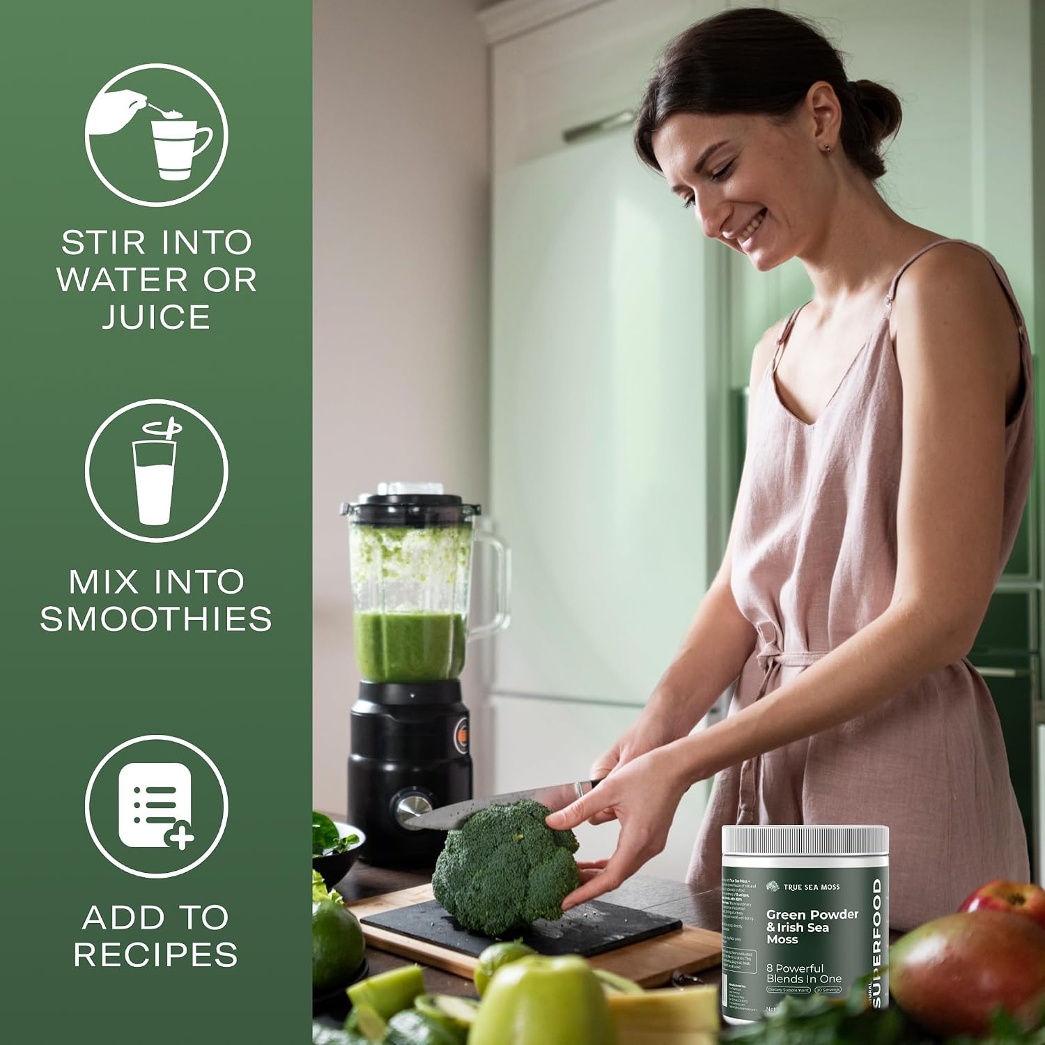TrueSeaMoss Super Greens Powder con Matcha para la Salud Digestiva e Intestinal – 25 Superalimentos con Probióticos, Prebióticos, Enzimas y Sea Moss – Polvo de Superalimentos Vegano para la Hinchazón y Regularidad - 30 Servicios
