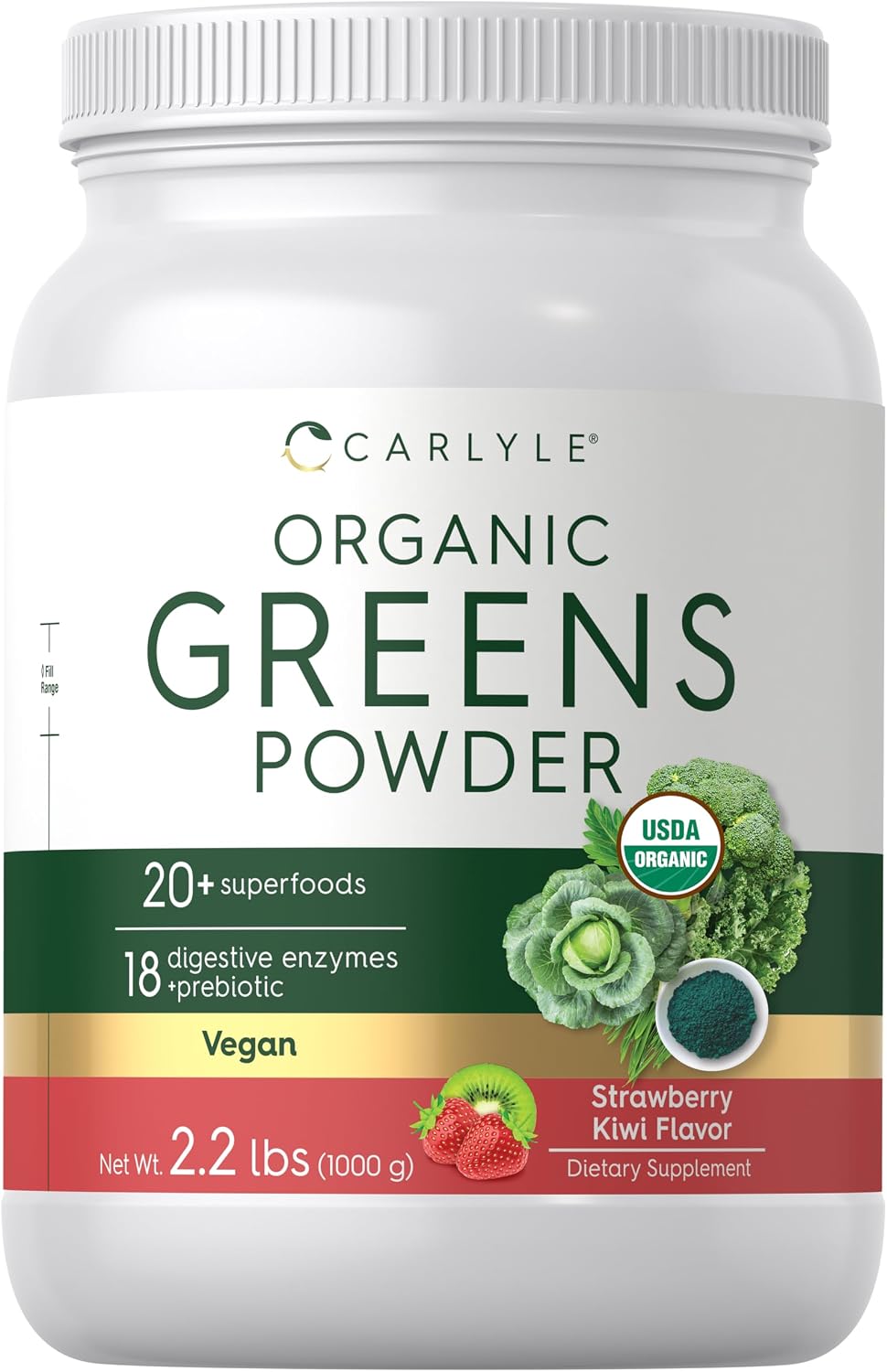 Carlyle Organic Greens Powder - Polvo de Superalimentos Orgánicos - Sabor Fresa y Kiwi - 998 g