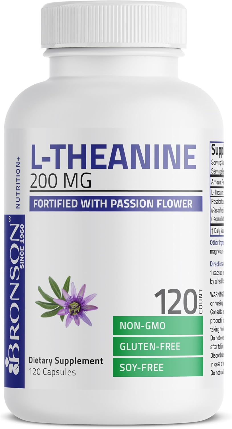 Bronson L-Teanina 200mg (Doble Concentración) con Passiflora - 120 Cápsulas