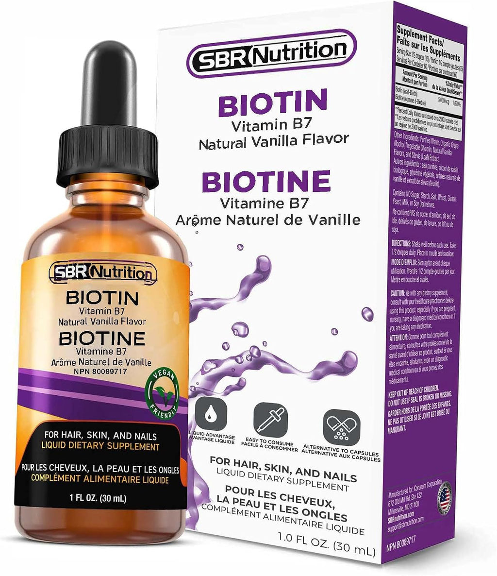 SBR Nutrition Gotas Líquidas de Biotina, 5000mcg por Dosis (60 Dosis) 30ml - Vainilla