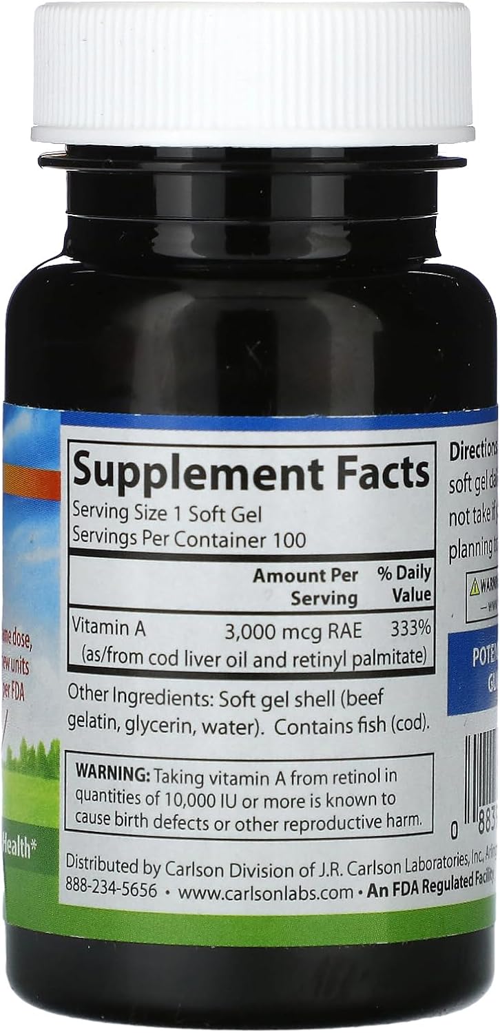 Carlson Labs Vitamina A Natural, 10,000 UI, 100 Cápsulas Blandas