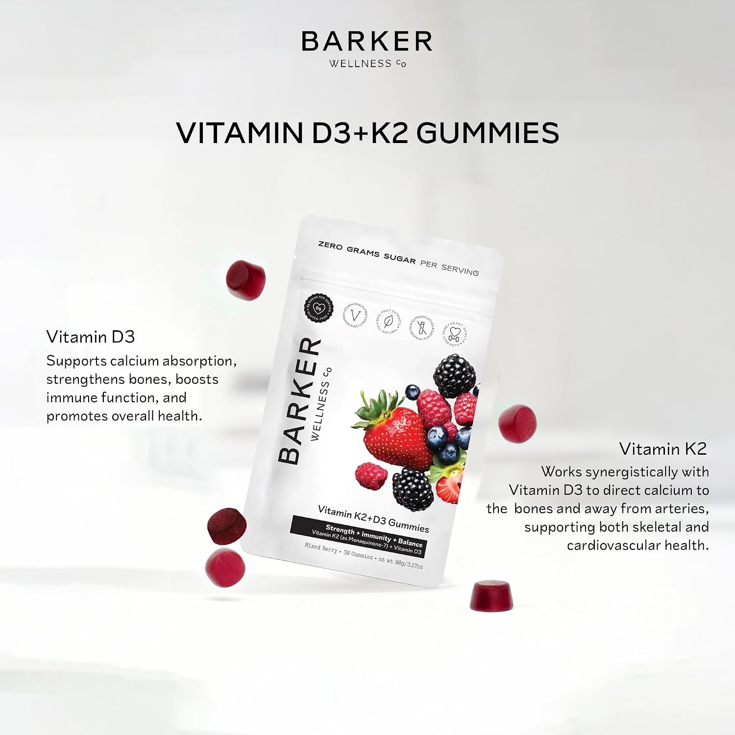 Barker Wellness Gominolas de Vitamina D3 y K2 – Alta potencia 6000 UI D3 + 200 mcg K2 para huesos fuertes, salud cardiovascular y apoyo inmunitario | Vegano, sin azúcar, delicioso sabor a bayas mixtas | 30 dosis