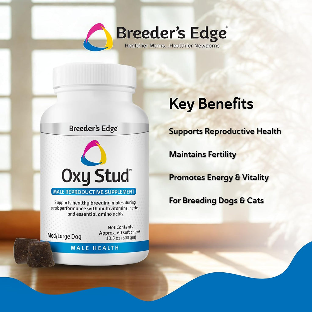 Breeder's Edge Oxy Stud – Suplemento multivitamínico para perros y gatos machos, masticables suaves, 60 unidades para razas medianas y grandes