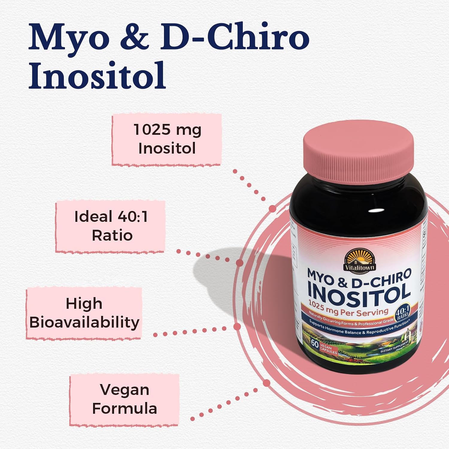 Vitalitown Inositol para Mujeres, Myo-Inositol y D-Chiro Inositol, Ratio 40:1, Apoyo Hormonal y Ovárico, Vitamina B8, Vegano, 60 Cápsulas, Sin Gluten