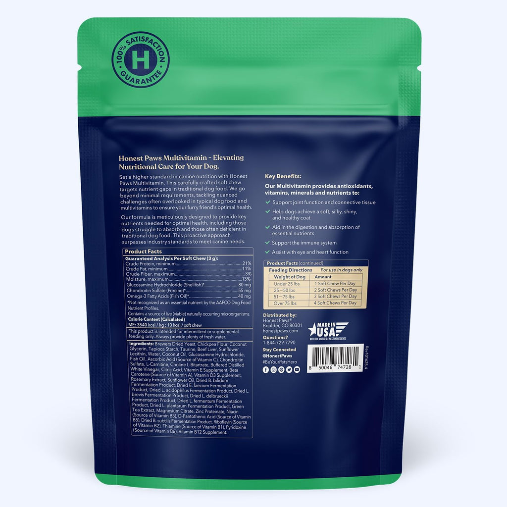 Honest Paws Multivitamínico para Perros - 90 Golosinas Blandas con Glucosamina, Condroitina y Omega-3 - Sabor a Carne de Res