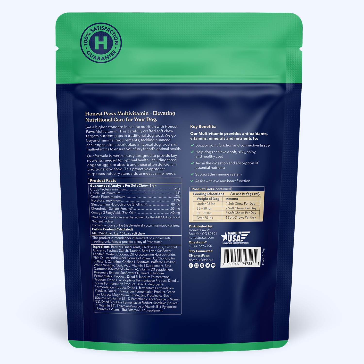 Honest Paws Multivitamínico para Perros - 90 Golosinas Blandas con Glucosamina, Condroitina y Omega-3 - Sabor a Carne de Res