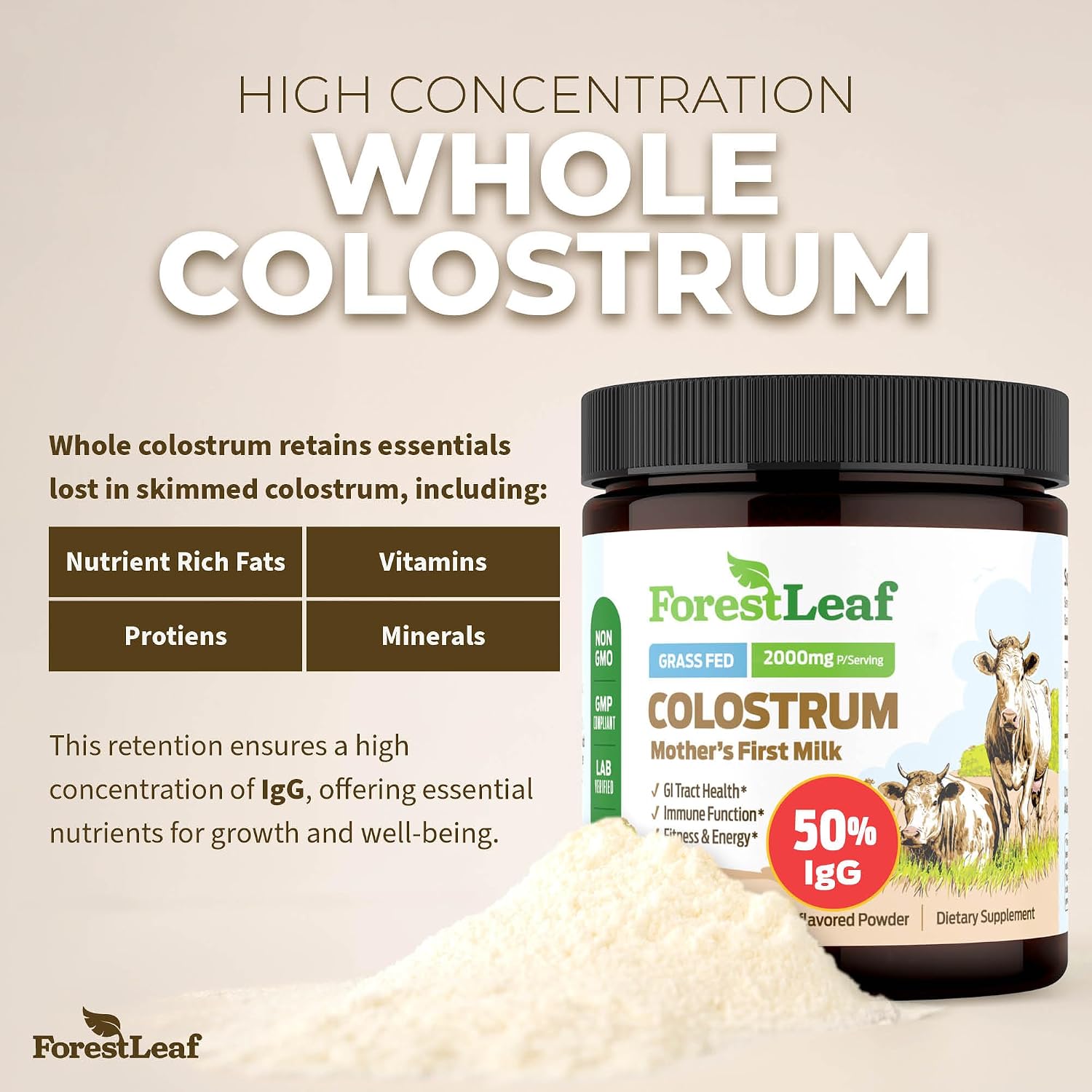 ForestLeaf Colostrum en Polvo 50% IgG, Concentración Pura, de Pasto, Sin Sabor, 45 Porciones
