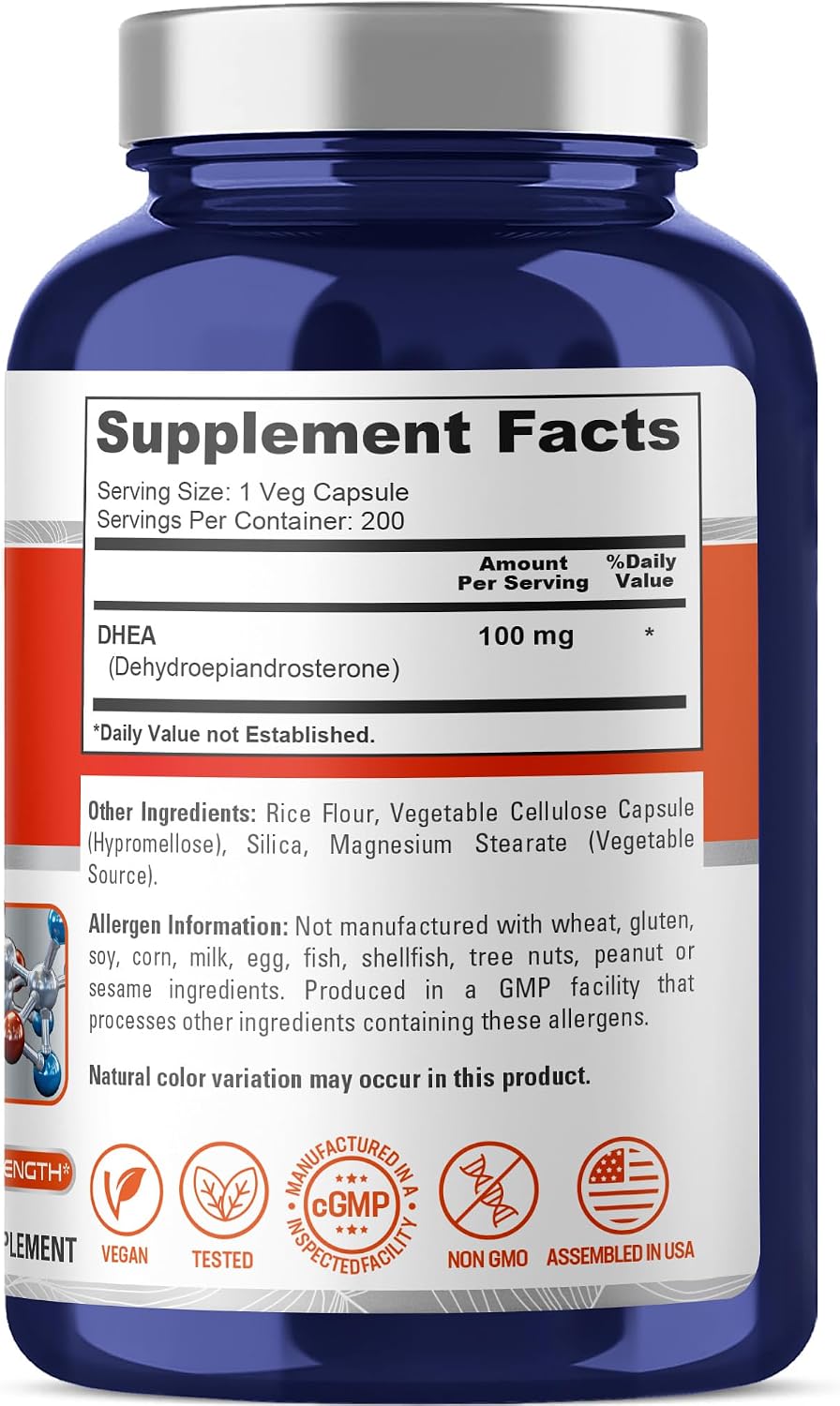 NusaPure DHEA 100mg 200 Cápsulas Vegetales (Vegetariano, No OGM)
