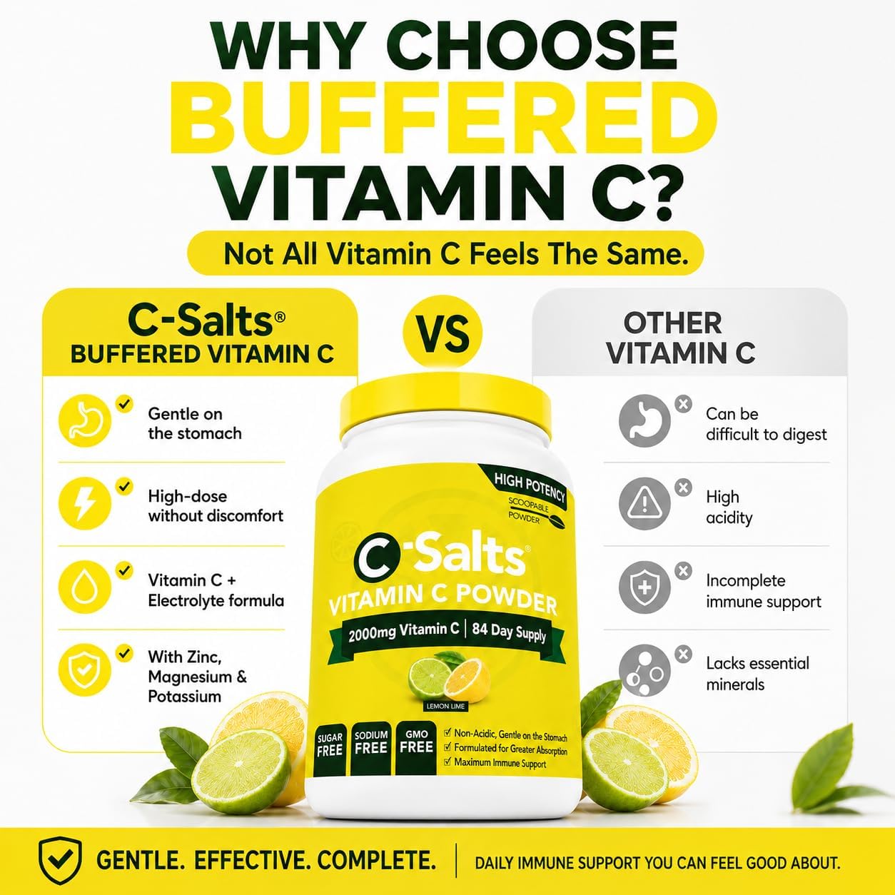 C-Salts Buffered Vitamin C Powder - Vitamina C en Polvo Orgánica, Suave para el Estómago, 84 Dosis (Lemon Lime, 227g)