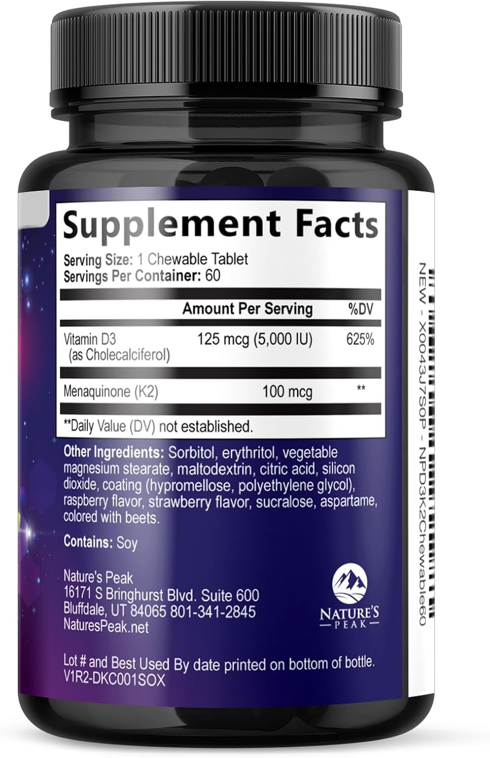 Nature's Peak Vitamina D3 K2 5000 UI + 100 mcg MK-7 - 60 Comprimidos Masticables Sabor Baya