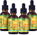 (Pack de 4) Gotas Orgánicas de Vitamina D3 K2 con Aceite MCT y Omega 3 - Líquido Vitamina D3 5000 UI - Suplemento D3 K2 - Sin Rellenos, No GMO, GMP, Piña (4 Fl Oz)