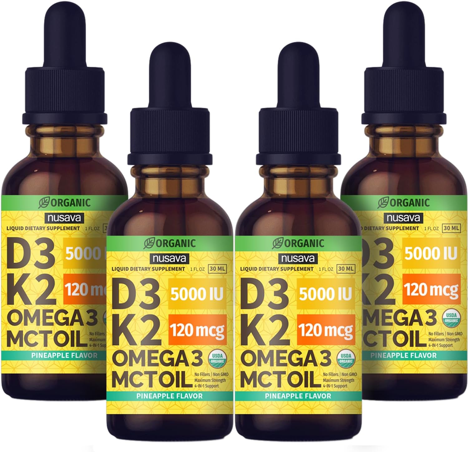 (Pack de 4) Gotas Orgánicas de Vitamina D3 K2 con Aceite MCT y Omega 3 - Líquido Vitamina D3 5000 UI - Suplemento D3 K2 - Sin Rellenos, No GMO, GMP, Piña (4 Fl Oz)