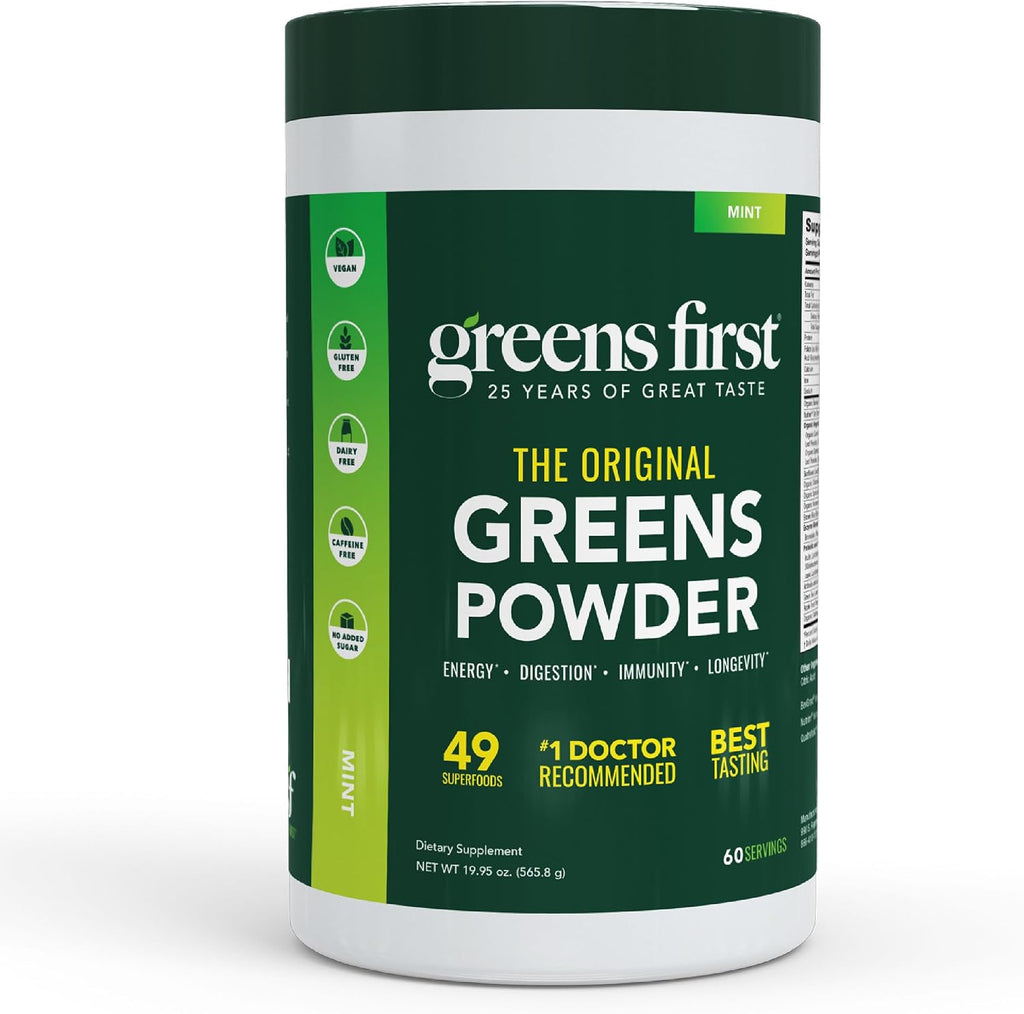 Greens First Original Greens Powder - 49 superalimentos - frutas y verduras orgánicas - prebióticos, probióticos y enzimas digestivas - batido antioxidante - sin lácteos, vegano y no-GMO (menta, 60 raciones)