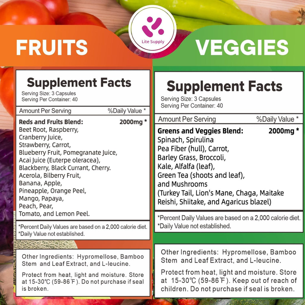 Lite Supply Frutas y Verduras 240 Cápsulas - 120 Fruta y 120 Verdura - Superalimento Natural