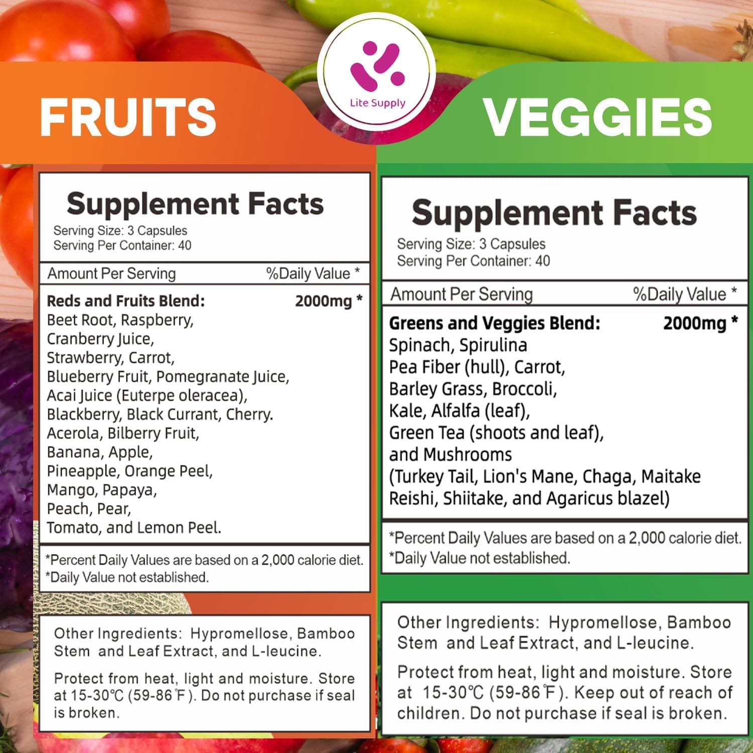 Lite Supply Frutas y Verduras 240 Cápsulas - 120 Fruta y 120 Verdura - Superalimento Natural