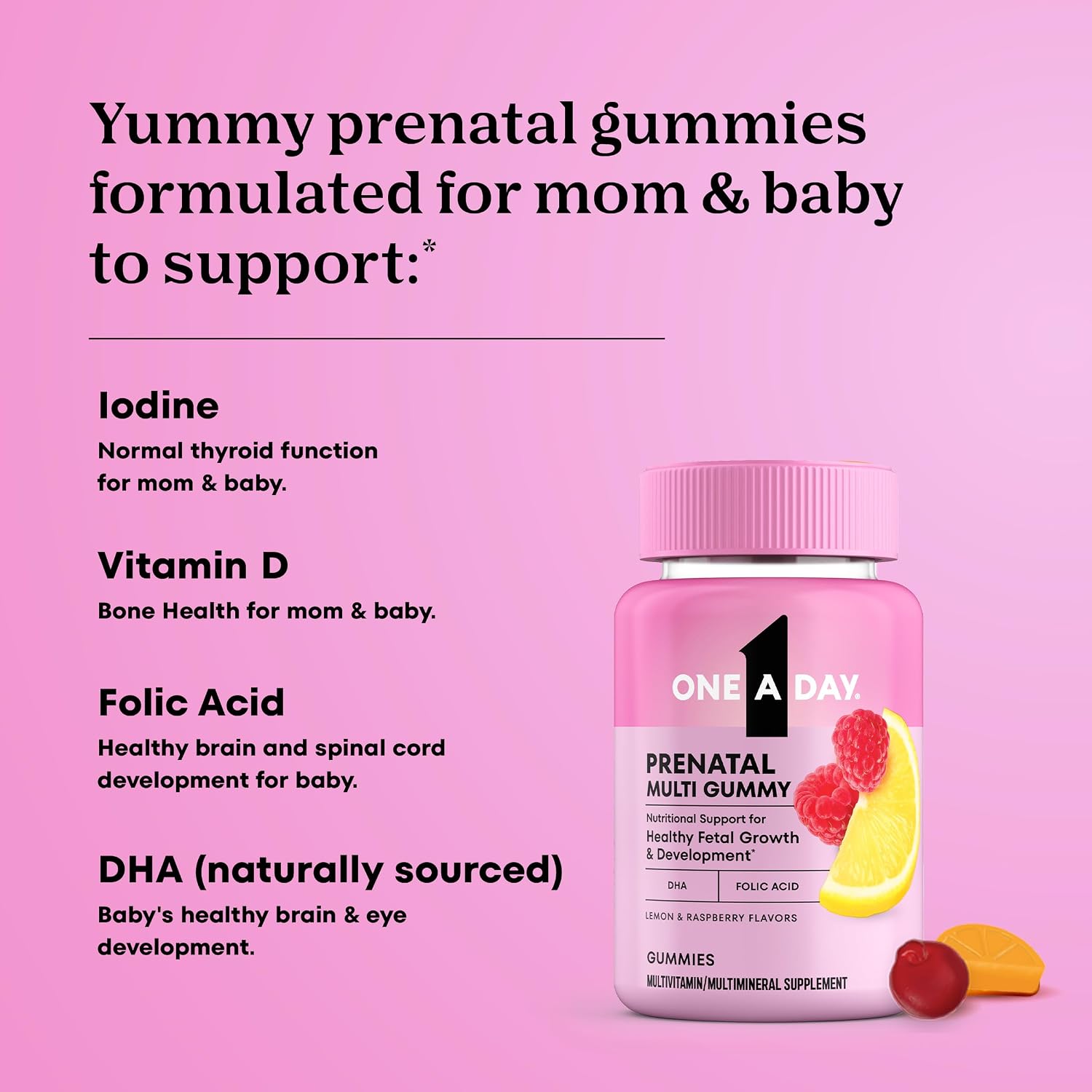 One A Day Vitaminas Prenatales para Mujeres Gominolas - Vitaminas para el Embarazo con Ácido Fólico, DHA, Yodo, Gominolas Prenatales, Sin Hierro, 60 Unidades