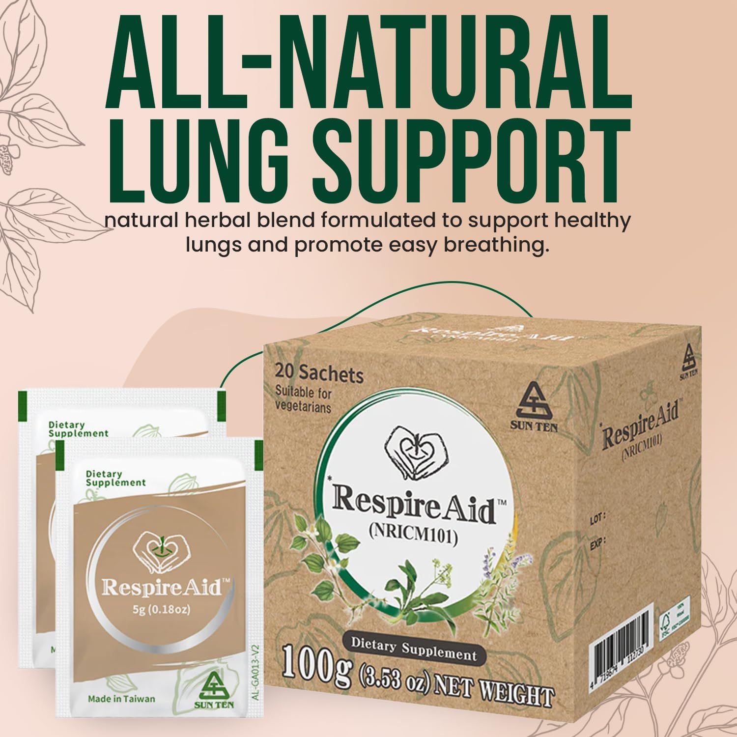 Sun Ten RespireAid – Infusión Herbal Natural para el Apoyo Respiratorio – 20 Sobres (100g)
