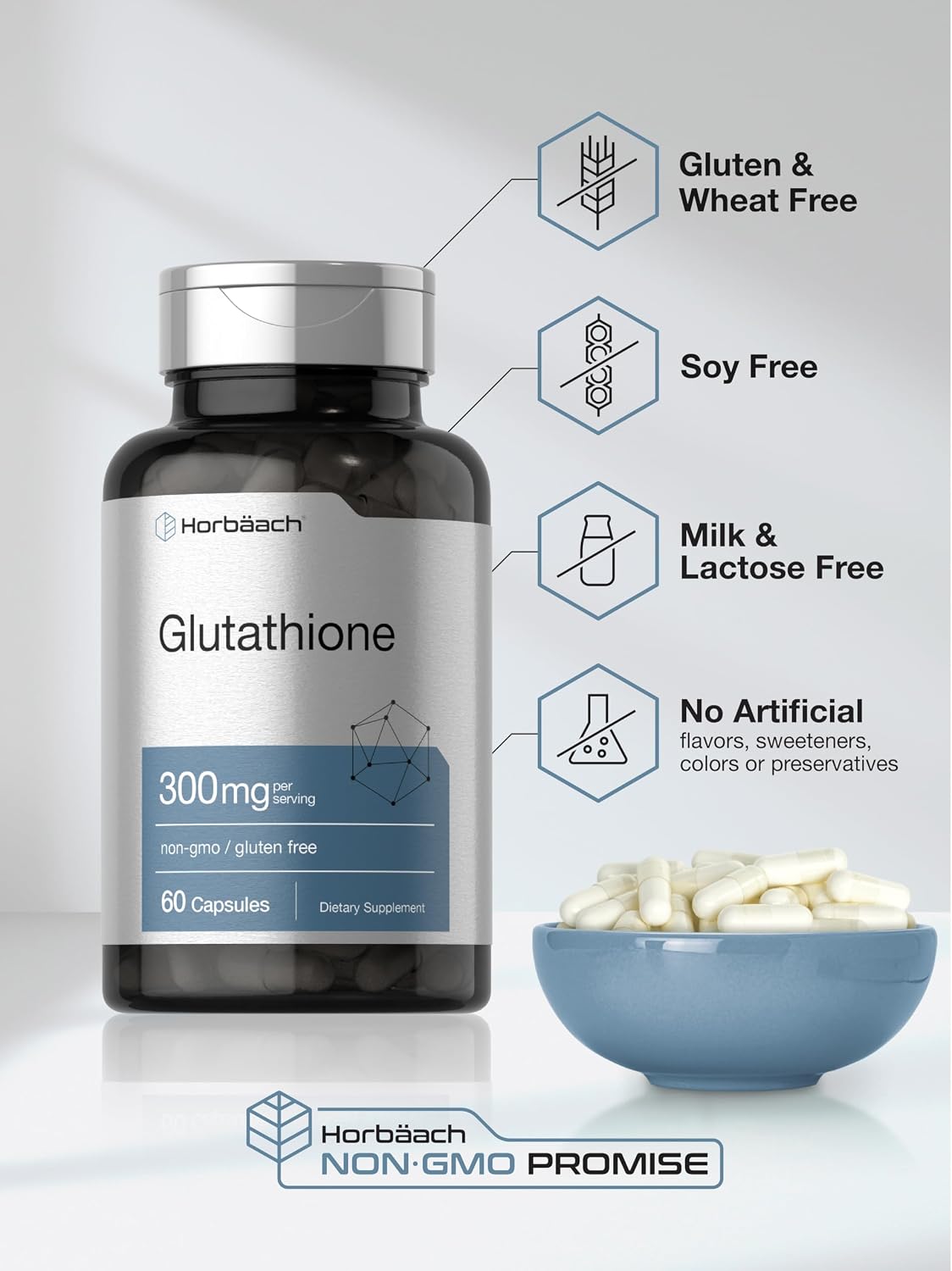 Horbäach Glutathione 300 mg | 60 Cápsulas | No Transgénico y Sin Gluten
