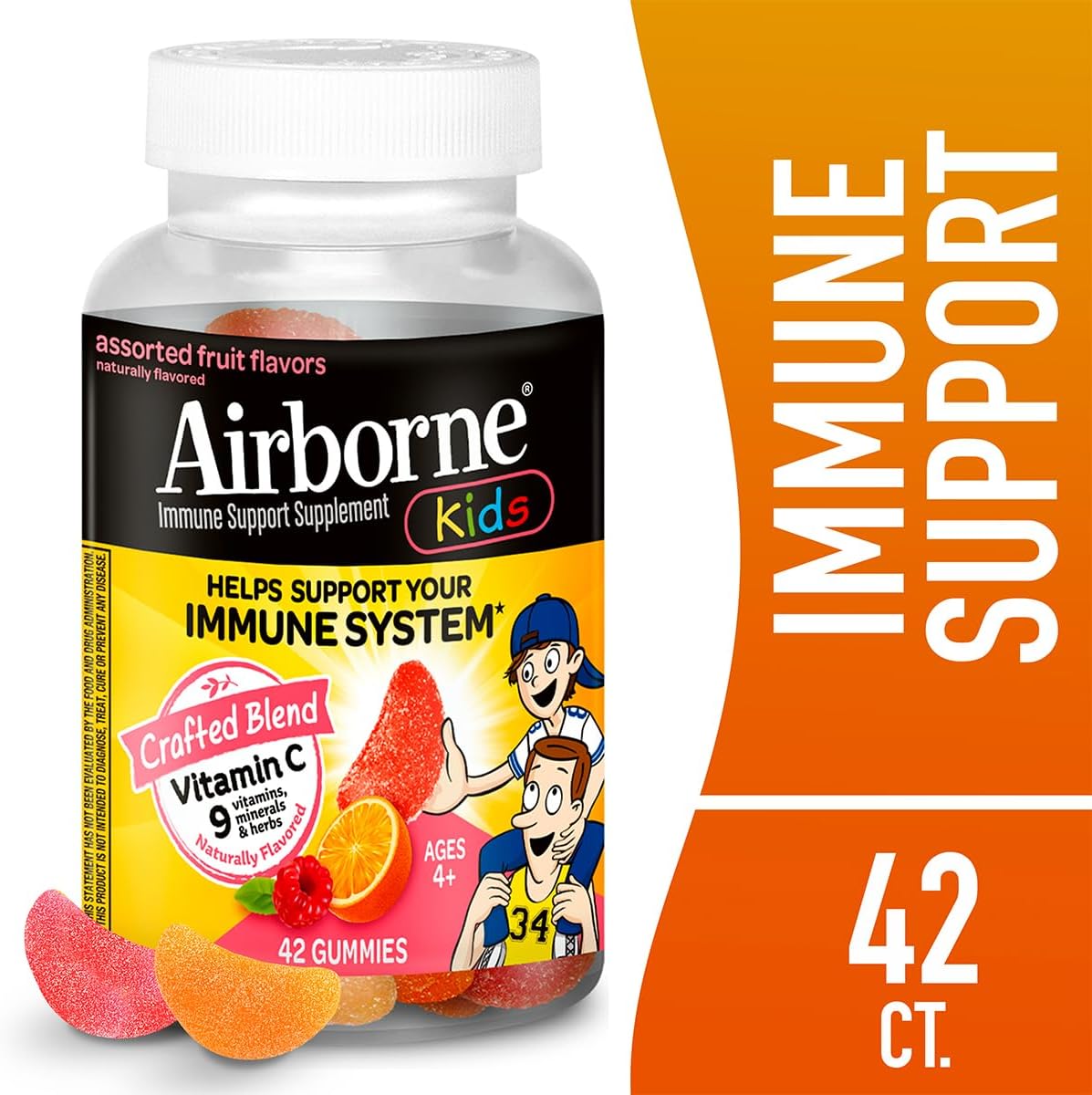 Airborne Gominolas de Vitamina C + Zinc para Niños, 500mg, Sabor Fruta Variada, 42 Gominolas (Pack de 6)