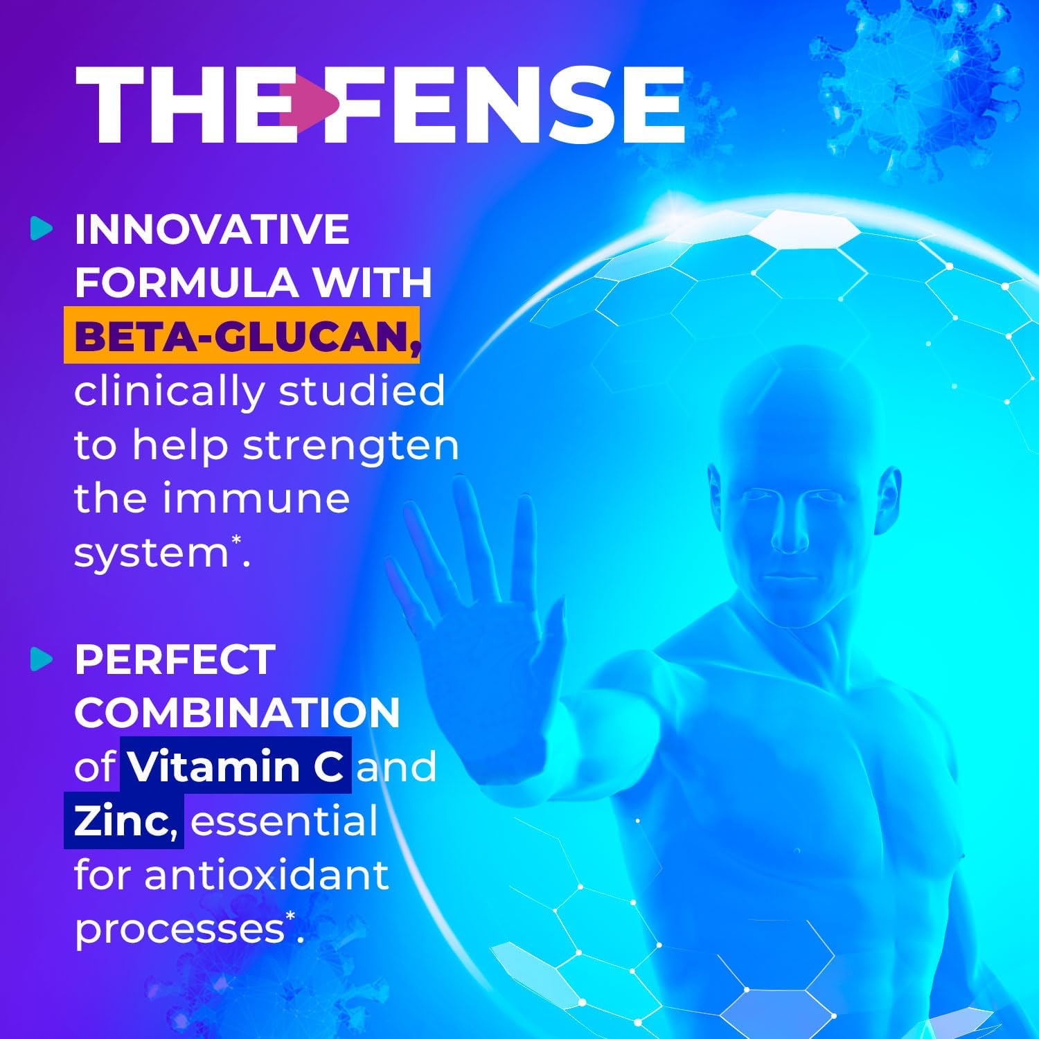 THE-FENSE Beta Glucano, Vitamina C y Zinc Cápsulas - Apoyo Inmunológico para Mujeres y Hombres - Sin Gluten ni Lactosa, No-GMO - 60 Cápsulas