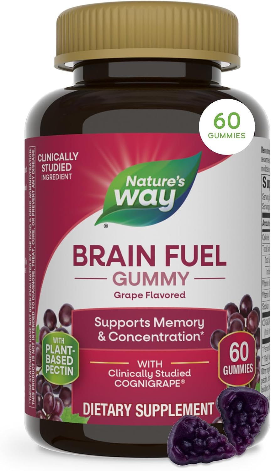 Nature's Way Brain Fuel Gummies - Gominolas para el apoyo cognitivo, con Cognigrape, vitaminas B6 y B12, sabor a uva, 60 unidades