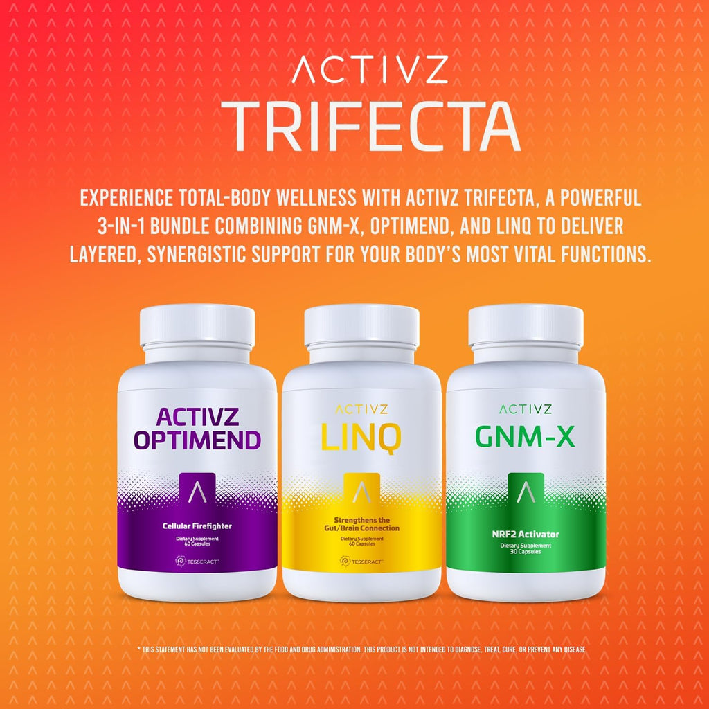 ACTIVZ - Trifecta - GNM-X, Optimend, LINQ - Apoyo Nrf2, flexibilidad, función cerebral e intestinal, sistema inmunitario, piel y células - 3 Pack