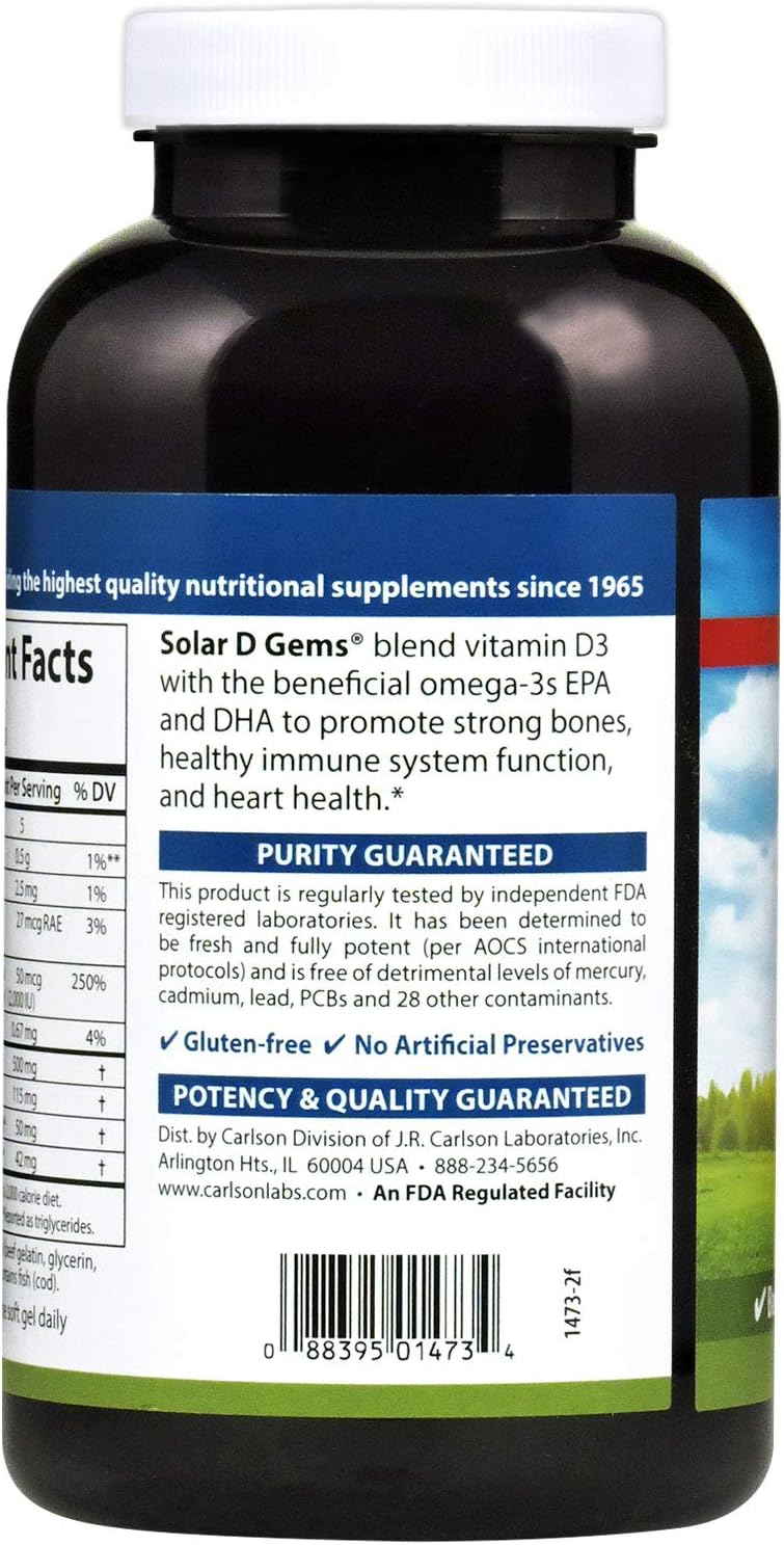 Carlson Solar D Gems - Vitamina D3 y Omega-3, 2000 UI, 360 Cápsulas Blandas