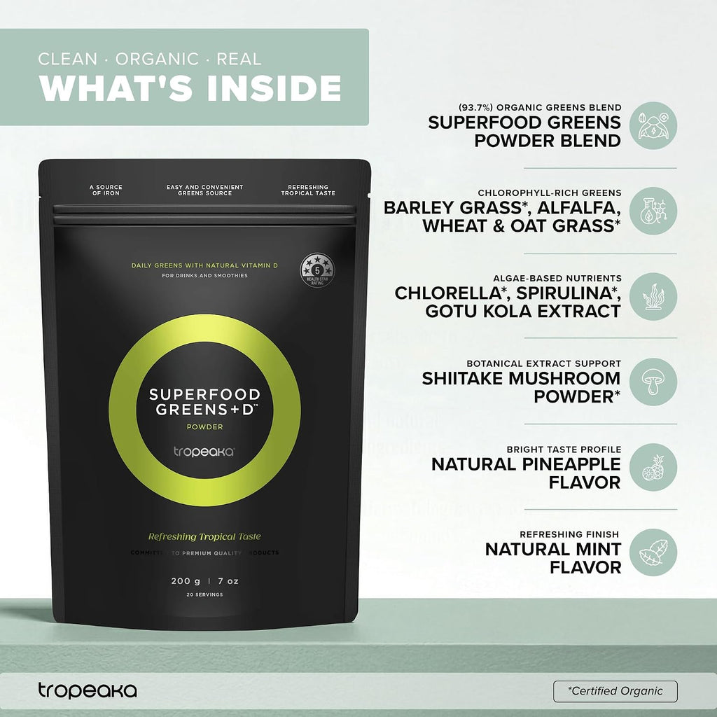 Tropeaka Superfood Greens + D - Polvo Verde Antioxidante para Energía, Sistema Inmunitario y Salud Digestiva