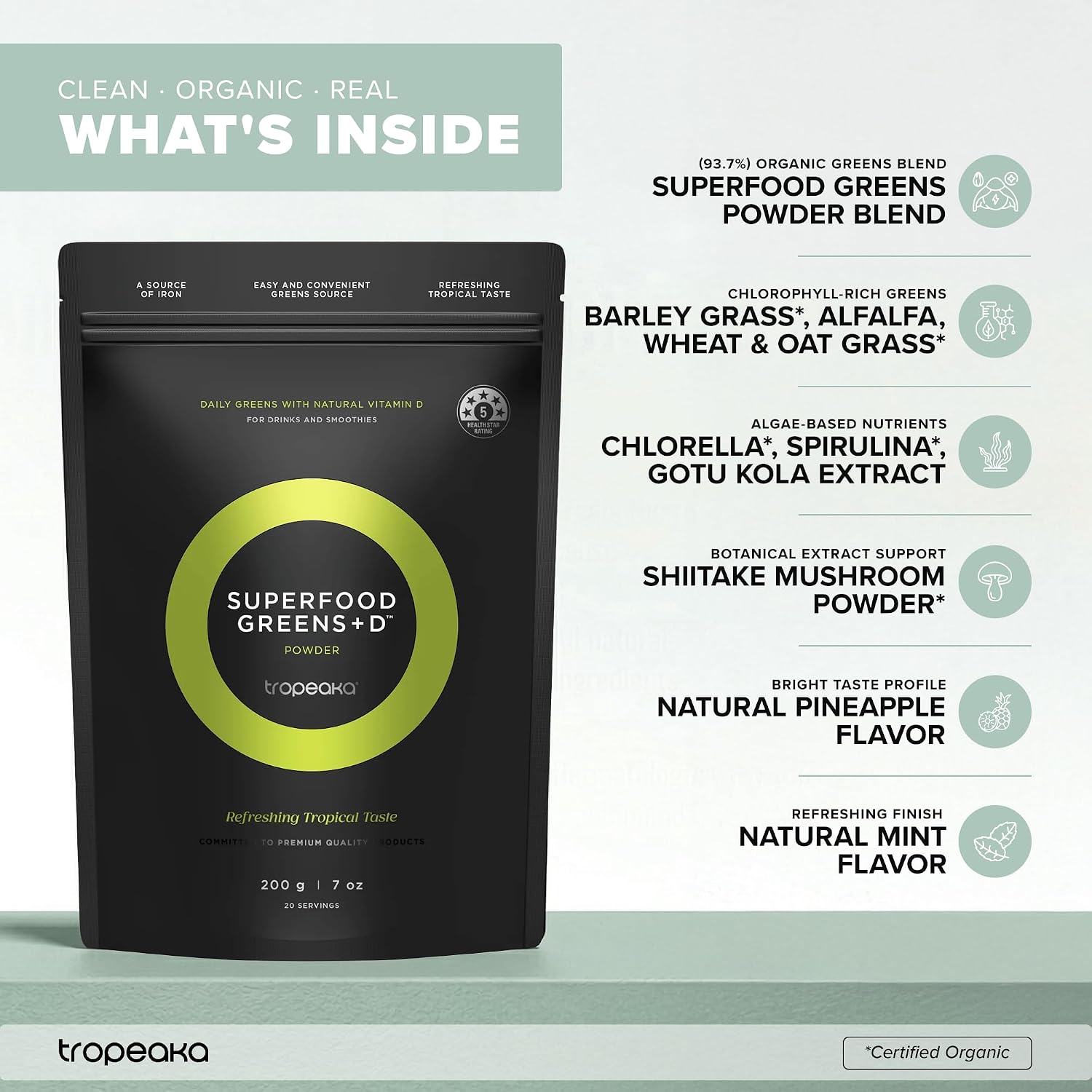 Tropeaka Superfood Greens + D - Polvo Verde Antioxidante para Energía, Sistema Inmunitario y Salud Digestiva